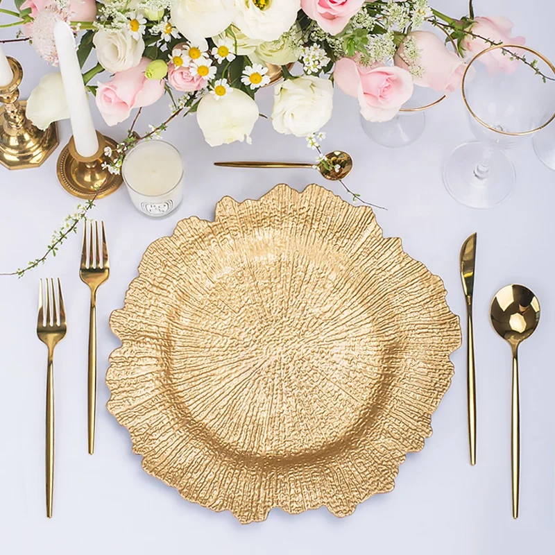 wavy plastic purple pink rose gold beaded white black charger plates new wedding and restaurant decoration charger plate wedding