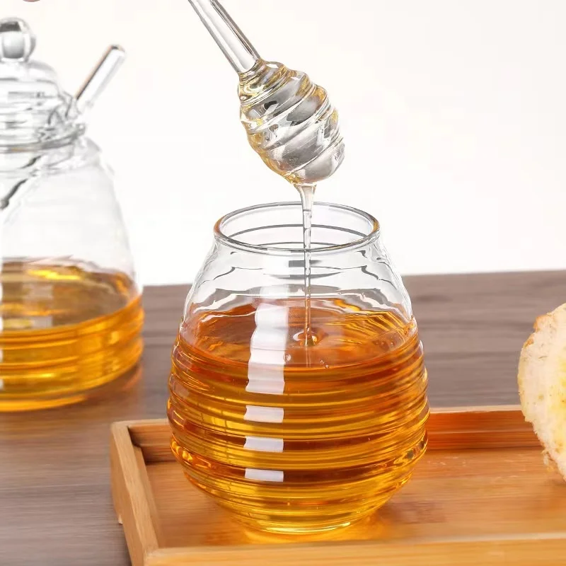 Factory Wholesale High Borosilicate Glass Honey Jar set with Lid and Stirring Rod New Style Glass Jar with Streak Custom Package