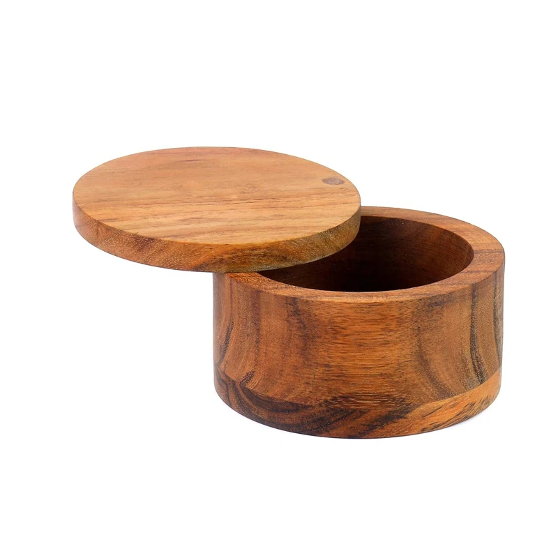 Totally luxury acacia wooden  Salt Cellar Bamboo Storage Box with Magnetic Swivel Lid  Wood Jar For Kitchen