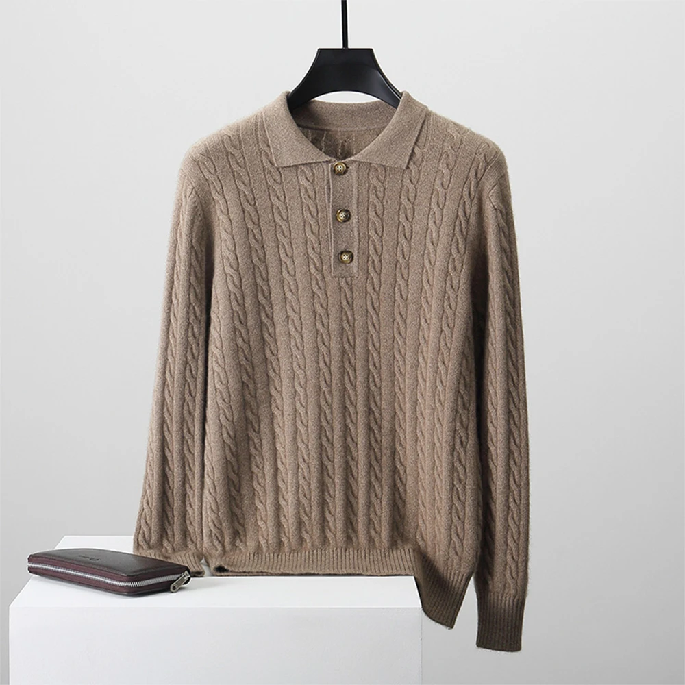 Guoou 100 Pure Cashmere Thick Fall Winter Cable Lapel Knit Polo Shirt Pullover Cashmere Sweater Men