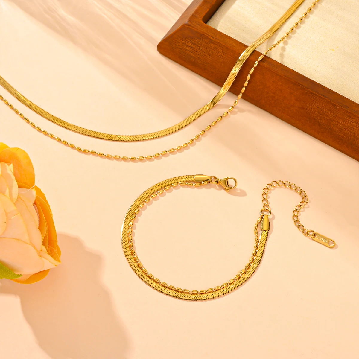 18K Gold Plated Stainless Steel Snake Chain Bracelet Set Fashion Jewelry Small Rice Beads Double Layer Flat Bracelets