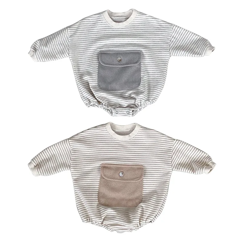 Korean Style Cotton Soft Fabric Striped Baby Rompers Pocket Design Children Fall Clothes