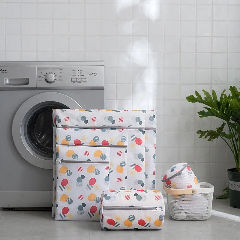 Household Colorful Dots Zipper Lock Thicken Laundry Bag 6 Pieces Set Washing Machine Extra Large Mesh Laundry Bags
