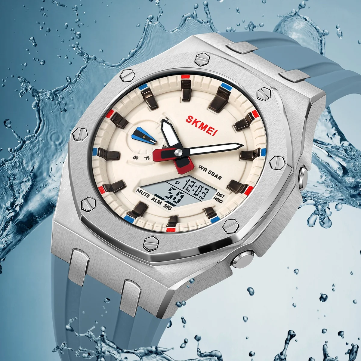 Skmei 2243 Sport Analog Quartz Watch for Men Waterproof Alloy Dual Display New Style Round Case Silver Band with Alarm Feature