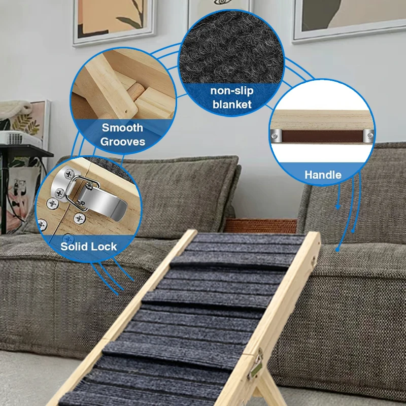 Adjustable Non-Slip Wooden Folding Pet Ramp for Small Medium Dogs for Beds and Couches Cat Trees