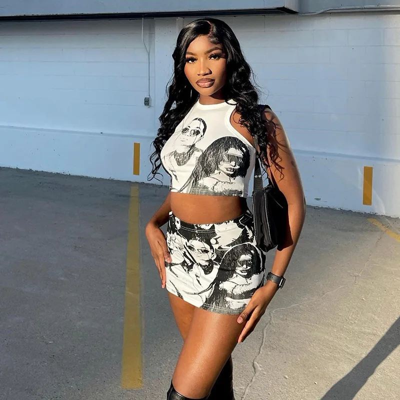 2023 New Pattern Print High Street Style Two Piece Short Sets Summer Package Hip Skirt Sleeveless Vest Women Skirt Two Piece Set
