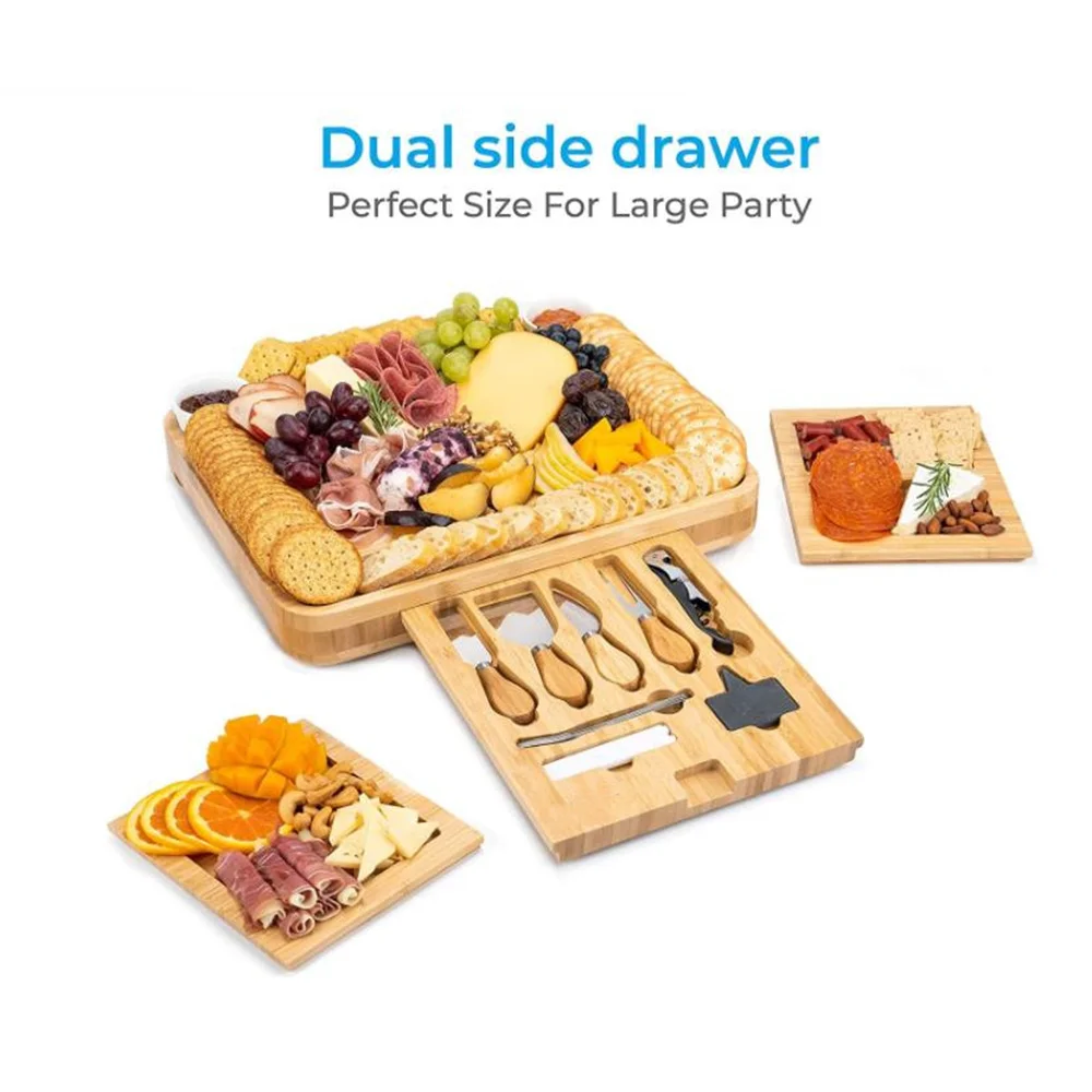 Cheese Serving Board with Round Tray Wooden Cheese Platter Set Bamboo Cheese Charcuterie Board