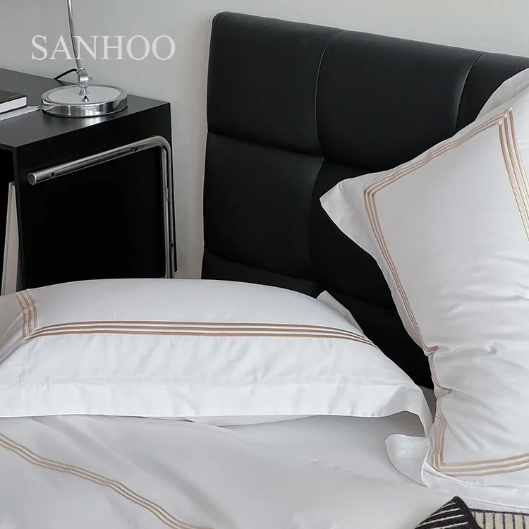 SANHOO Hotel Bedsheet White Embroidery 400 TC Percale Queen King Hotel Linen Bedding Set