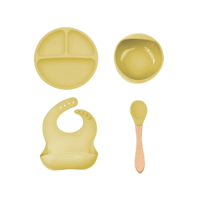 
Hot Selling personalized Baby Silicon Suction Bowl Waterproof organic Silicone Bibs feeding set 