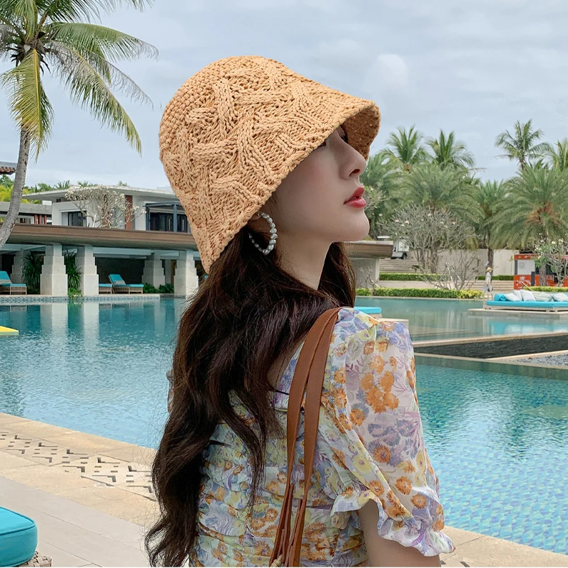 New Custom Hand Woven Paper Straw Sun Hats Beach Wide Brim Foldable Floppy Packable Breathable Mesh Crochet Bucket Hat for Women