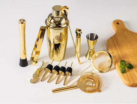 High Quality Custom Logo Home Bar Set Gold Plated Stainless Steel Bartender Kit with Cocktail Shaker Tools for Wine Lovers