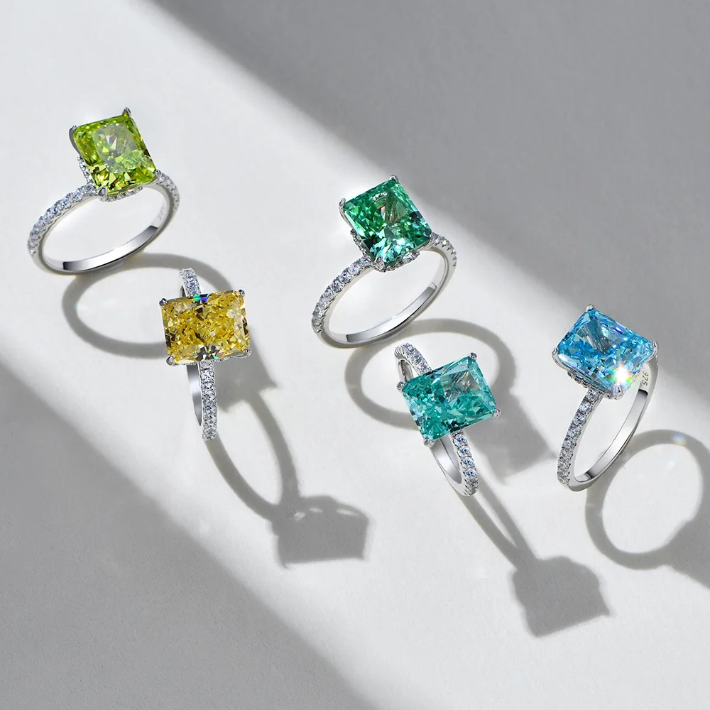 Fashion Fine Jewelry 8mm*10mm 925 Silver CZ Ring Emerald White 25 Colors High Carbon Cubic Zirconia Engagement Wedding Ring