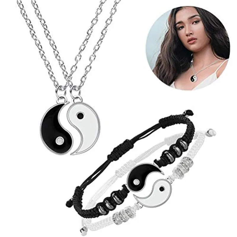 Tai Chi Yin Yang Paired Pendant Couple Necklace & Bracelet Women BBF Best Friend Friendship Necklace Charms Braided Jewelry Gift