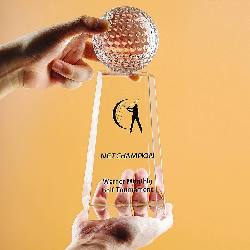 Blank Golf Tournament Trophy and Awards Crystal Glass Cricket Basketball Rugby Ball Medals Trophies Custom for Charity Souvenirs