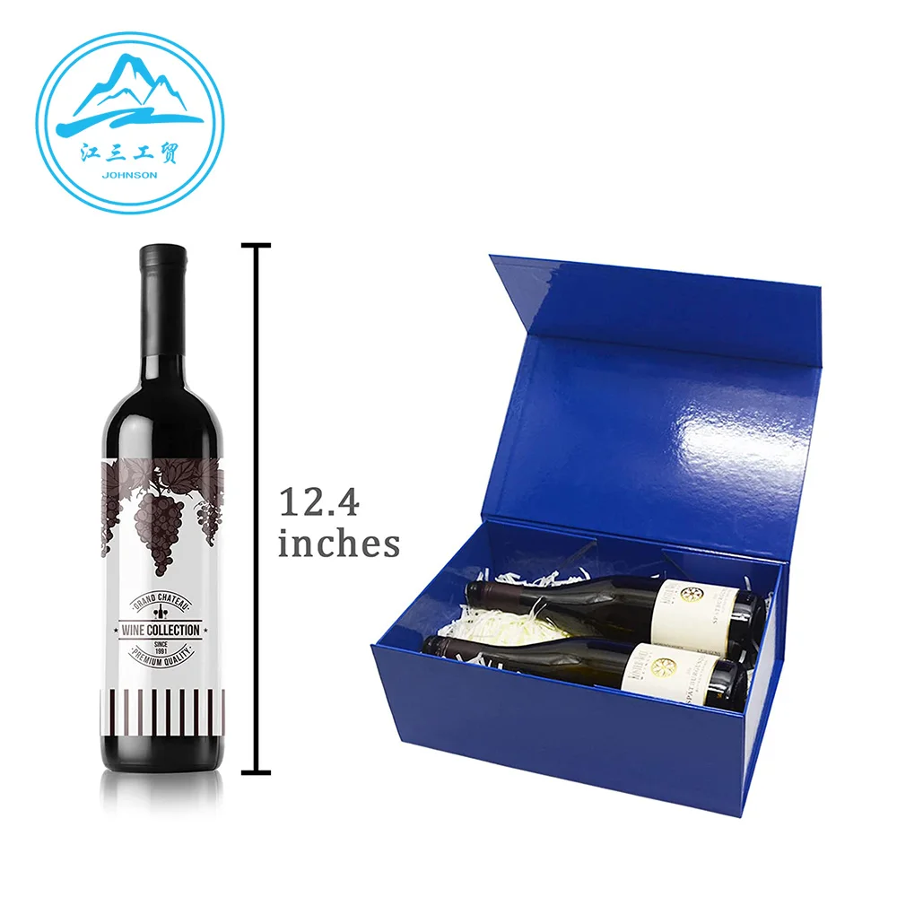 Gift Wine Box Rigid Paper Magnetic Closure Packaging Whiskey 2pcs Bottle Glass Luxury Blue Paper Board Handmade Folding Box