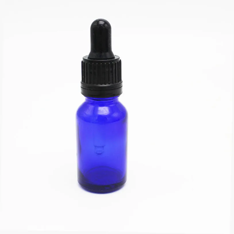 Essential oil packaging 15ml blue glass dropper bottle with black plastic cap