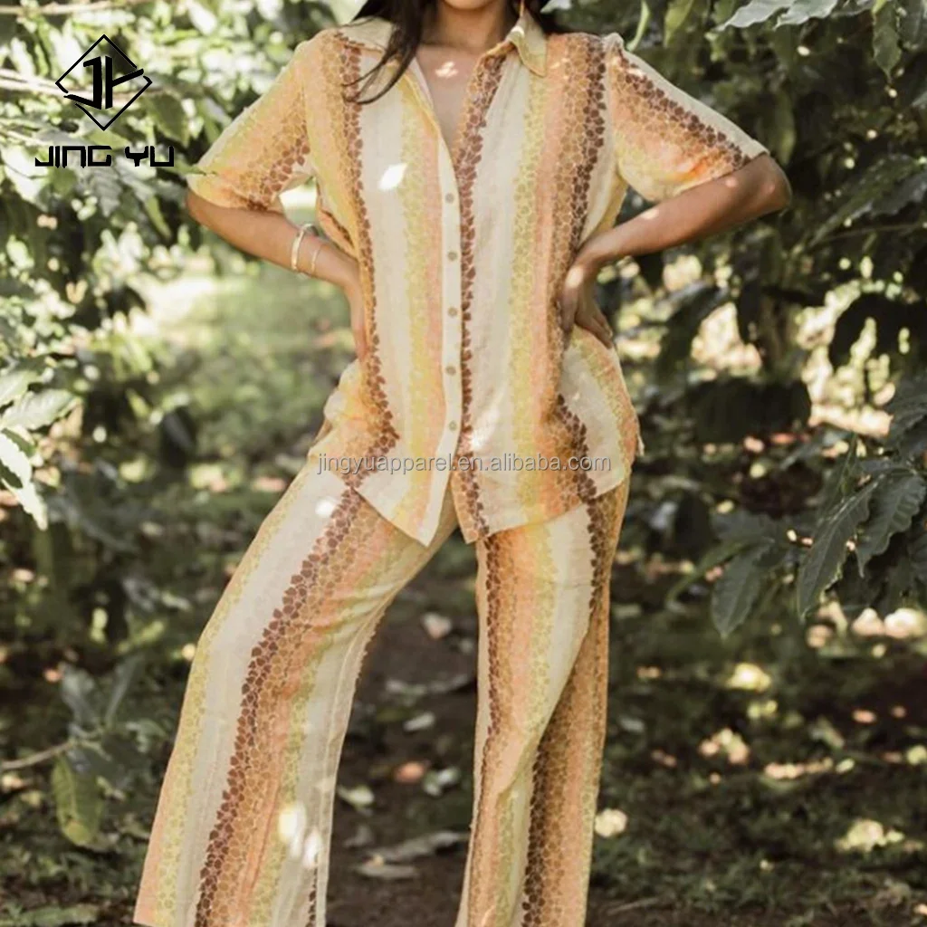 OEM custom 2 piece set women short sleeve Shirts And Pants women Printed Hawaiian Loose linen set womens