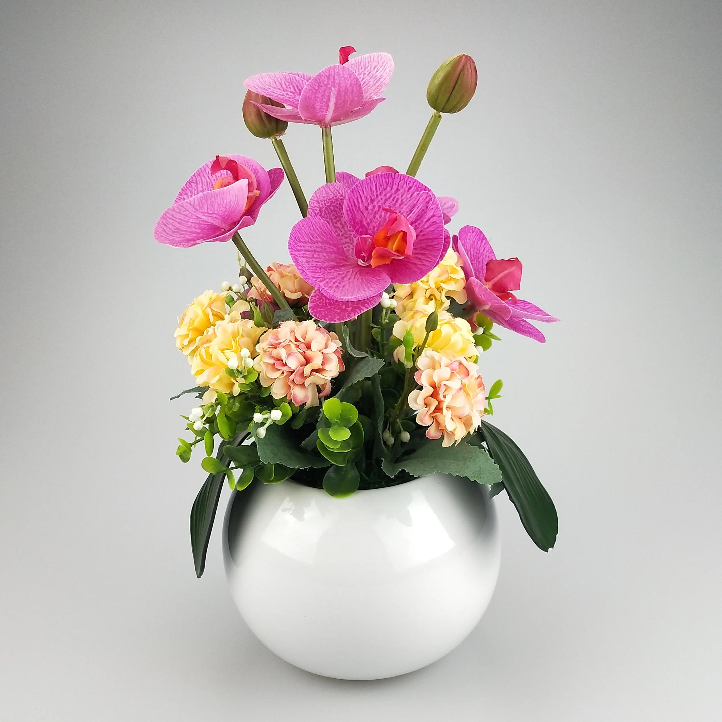 Chinese factory supplier cheap price artificial plastic flower arrangement orchid PE foam leaves in ceramic pot home decor