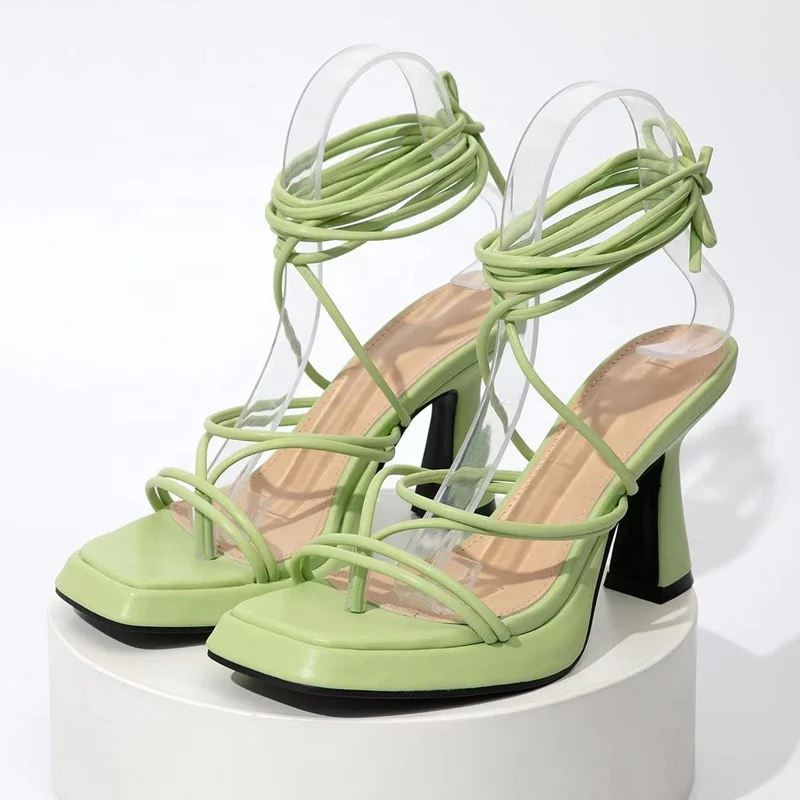 2022 Summer Hot Solid Cross Strap Open Toe Sandals for Lady Lace-up Square Toe High Heel Shoes Pumps