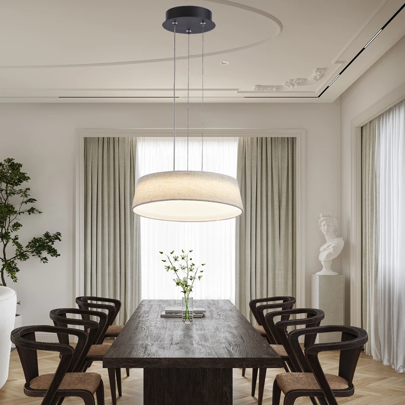 High Brightness Indoor Decorative Pendant Lights Iron Acrylic Fabric Lampshade Dimmable Modern Style Round Led Pendant Lamps