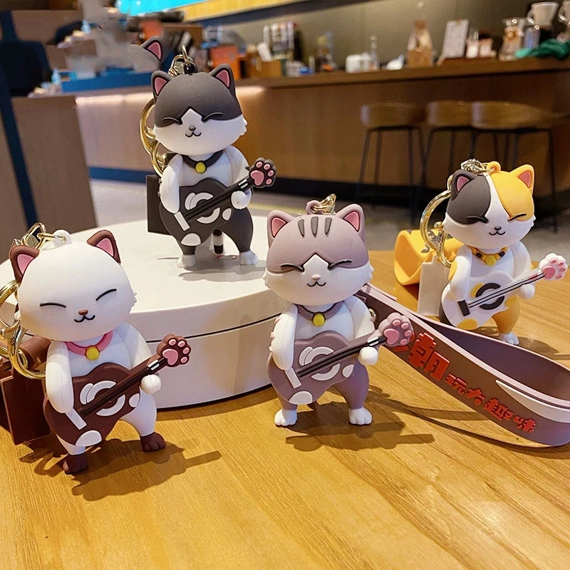 Creative Rock Music Cat Key Chain Cartoon Tide Playing Guitar Standing Cat Animal Keychains for Women Bag Pendant Keyring Gifts