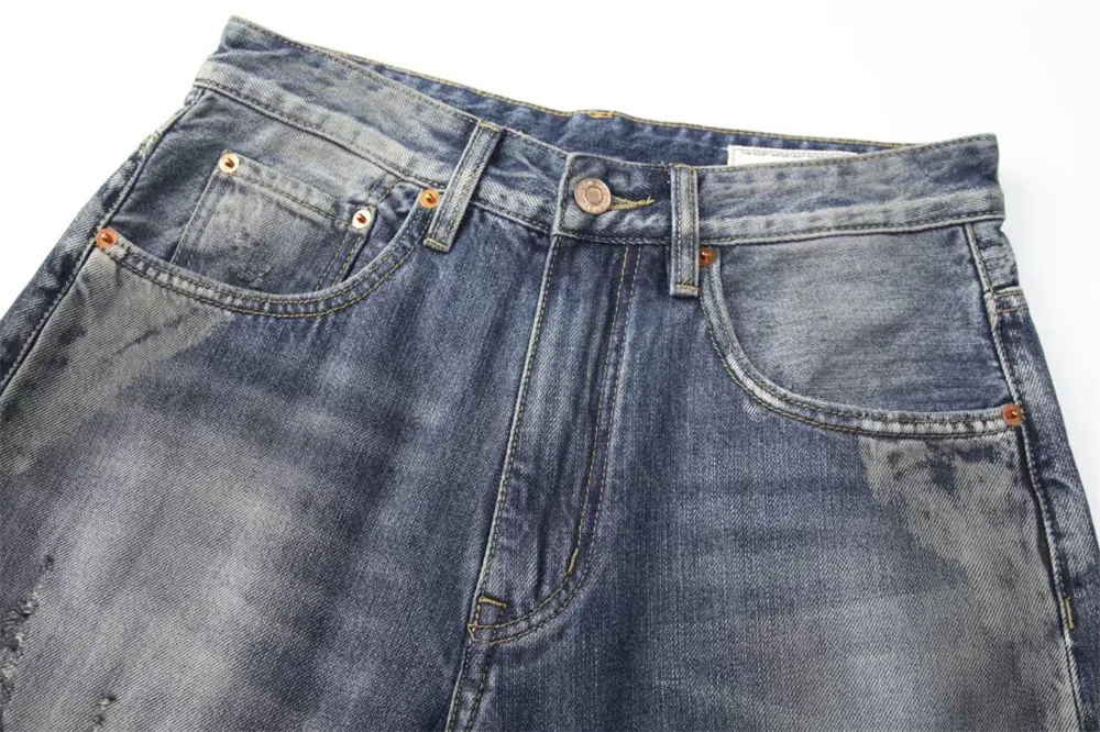 Men Vintage Blue Dye Fouling Washed Pants Men Gradual Change Faded Distress Jeans Men Fitting Baggy Wide Leg Designer Jeans
