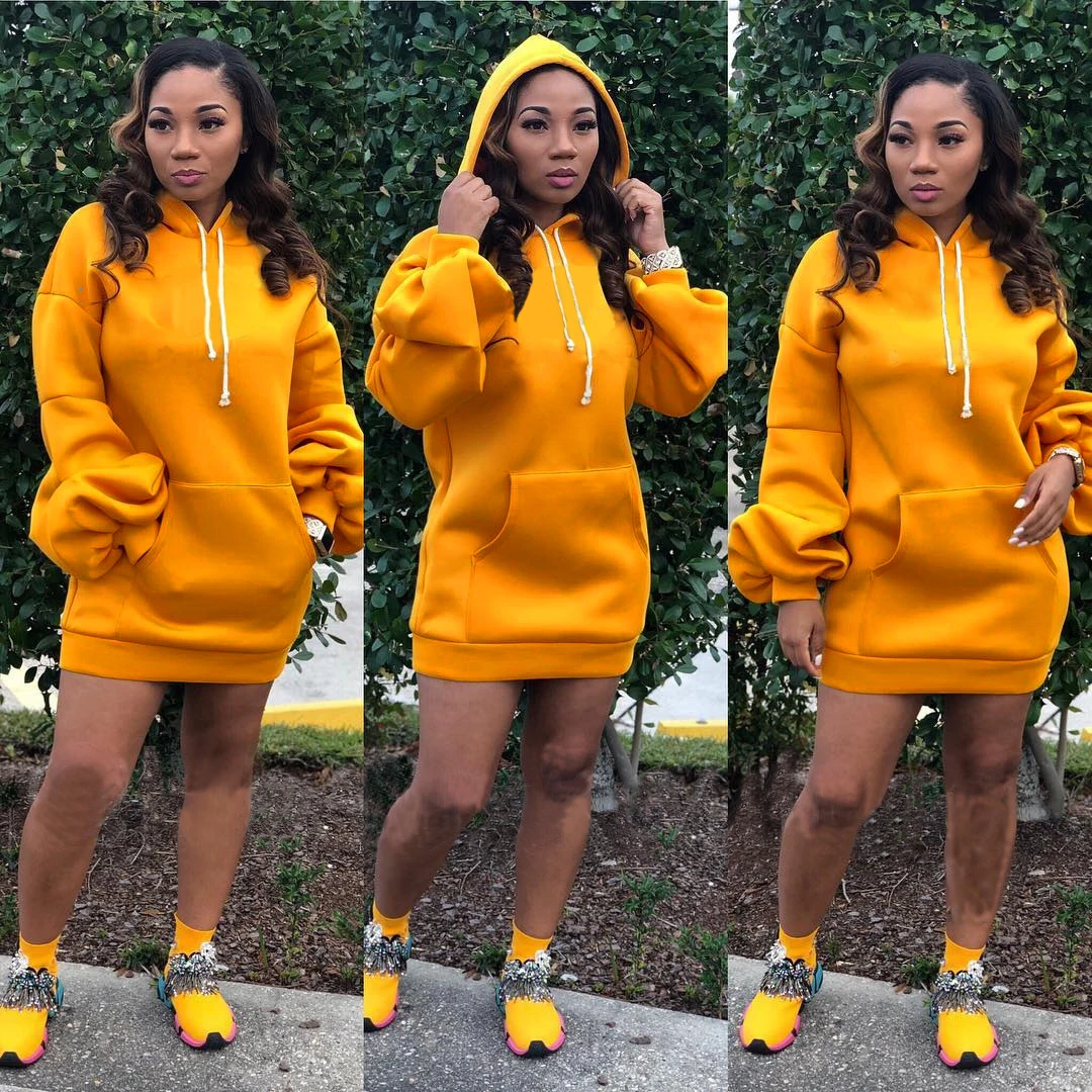 
Bunny BN-A8270 plain hoodie dress with casual loose puff sleeves womens hoodies woman dress 