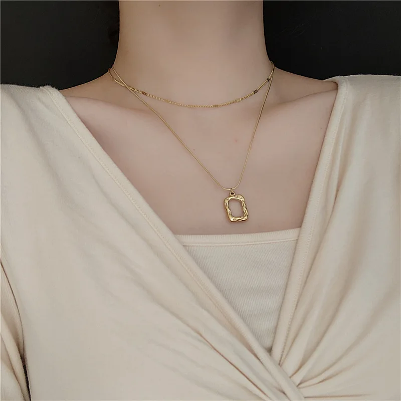 Temperament Real Gold Plated Titanium Steel Square Pendant Necklaces Double Layer Link Chain Hollow Frame Necklace For Women