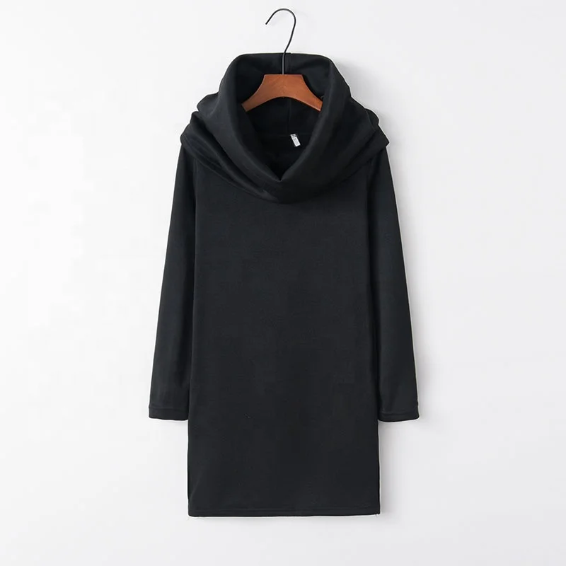European and American fashion autumn and winter new solid color pile collar hooded bag hip long sleeve head warm dress