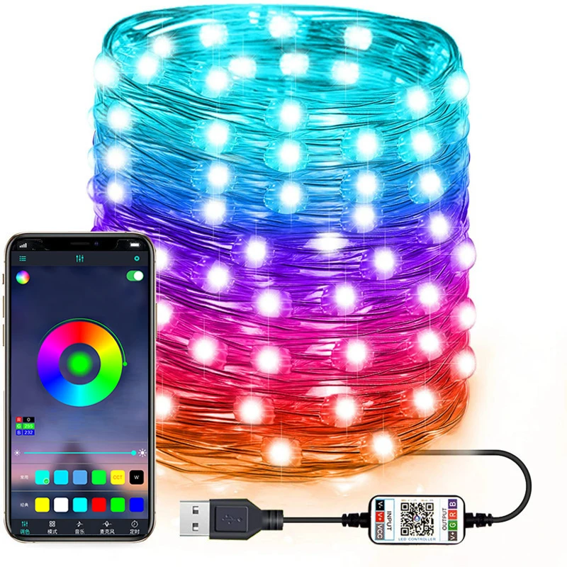 32.8ft 100led USB Powered APP Control Multi Color Design RGB Christmas Outdoor Decoration Copper Fairy Led String Lighting