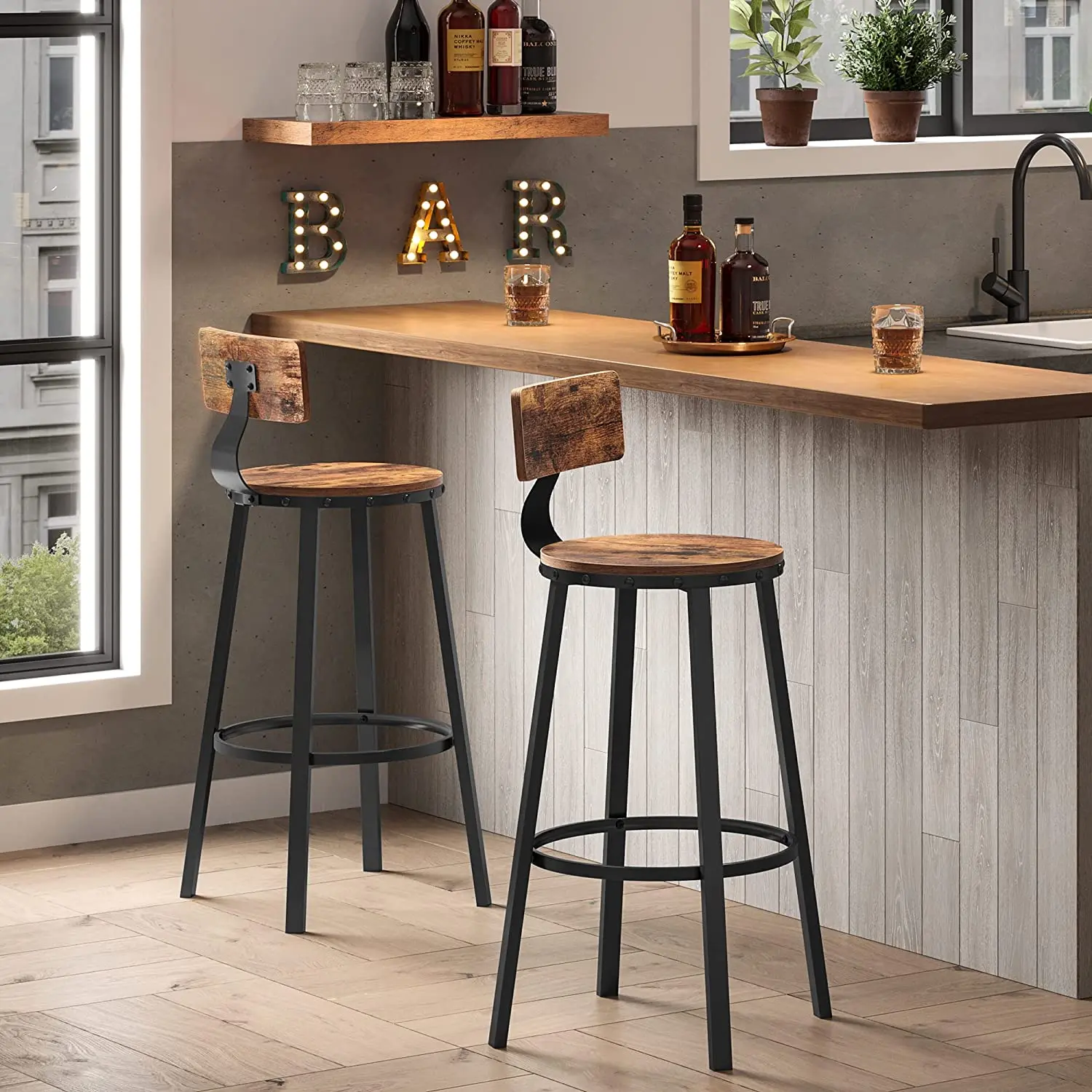 Industrial Kitchen Stools Rustic Brown and Black Tall Bar Stools Set of 2 Bar Chairs