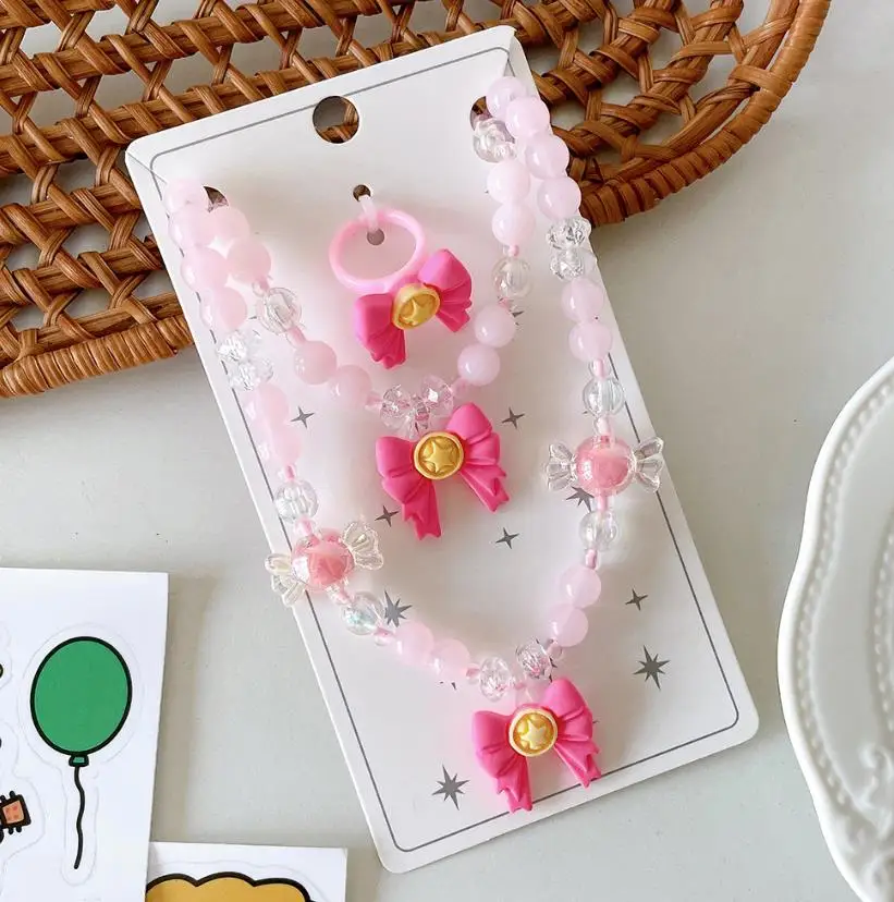 Heart Beaded Stretch Necklace Bracelet Ring Set Little Princess Bow Candy Jewelry Girl Play Birthday Gift Christmas Party Favor