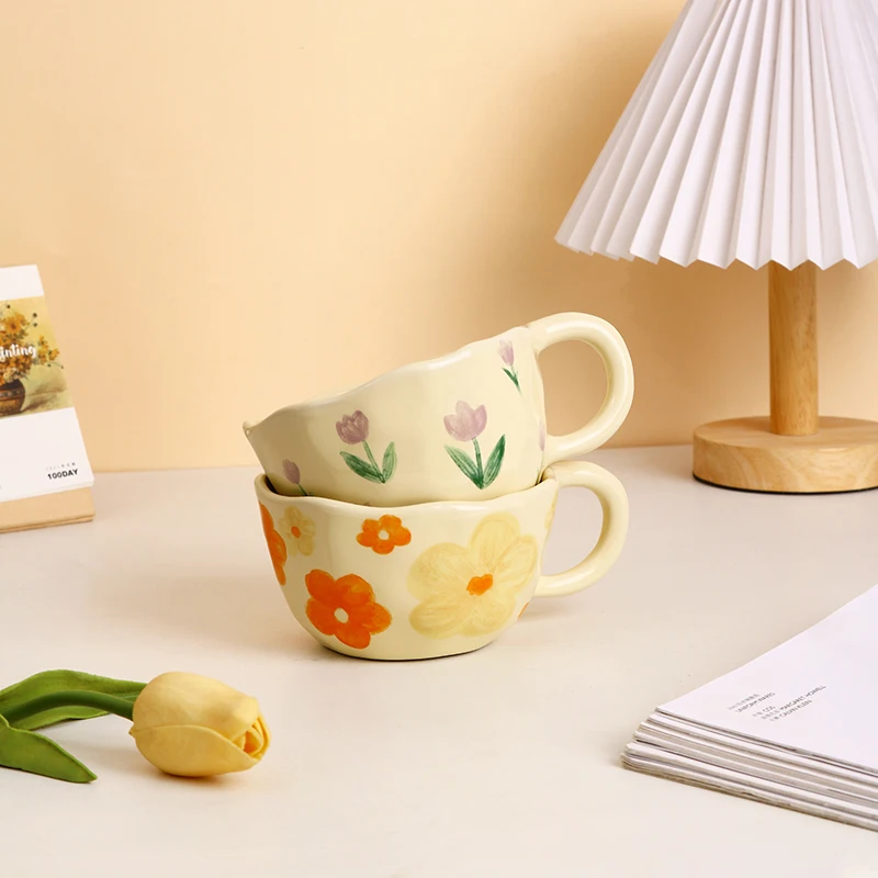 Nordic customization ins mug Coffee mug  Yellow flower Coffee ceramic porcelain cup mug set