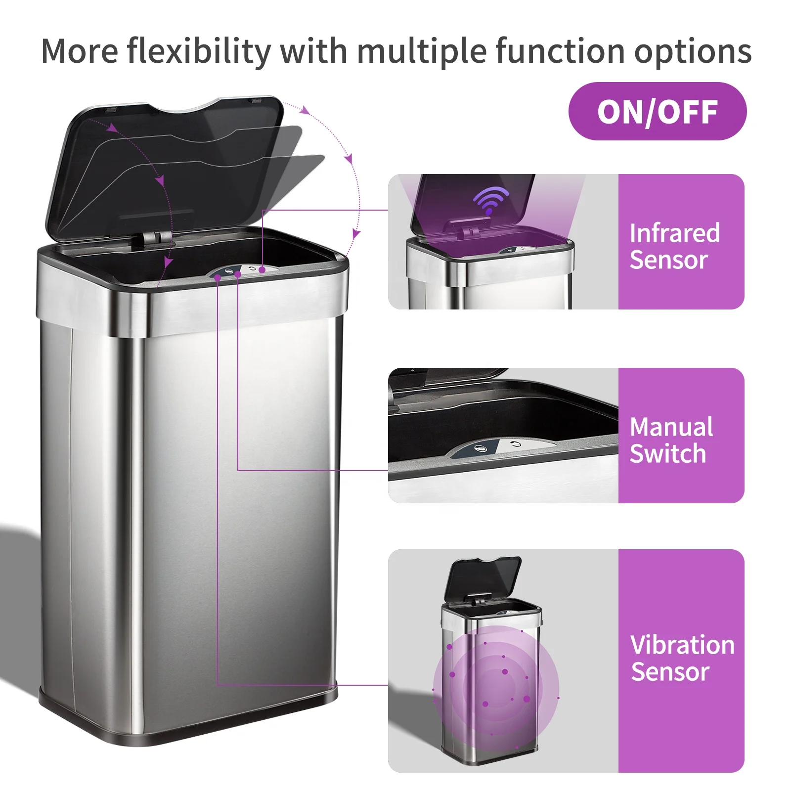 50L 13 Gallon Rectangular Vibration Sensor Waste Bin Stainless Steel Smart Garbage Can With Soft Lid