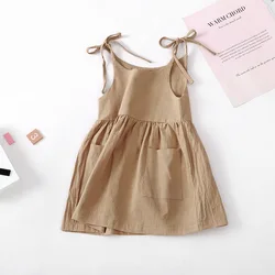 Ins Hot New Baby Girls Cotton Hemp Adjustable Sling Summer Dress for 1-6 Kids Suspender Dress