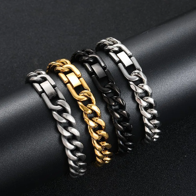 Hiphop Design Stainless Steel Thick Cuban Link Chain Bracelet 10mm Six-Sided Ground Mens Cuban Chains