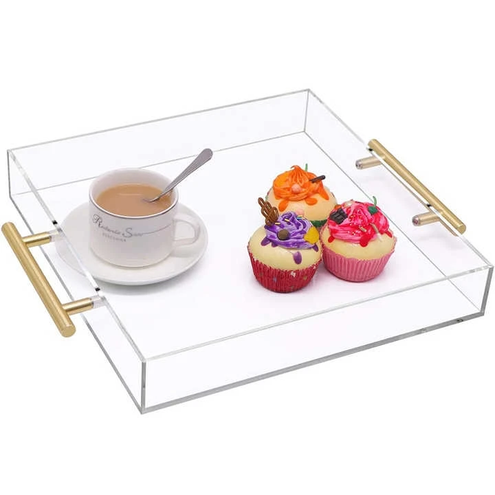 Custom Clear Acrylic Serving Tray with Gold Handle Spill Proof Acrylic Trays
