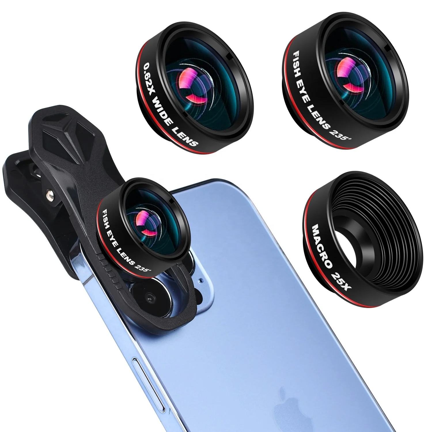 3 in 1 Clip On 180 Degree Fish Eye Lens+0.65X Wide Angle+10X Macro Lens,Universal HD Camera Lens Kit for Smartphone