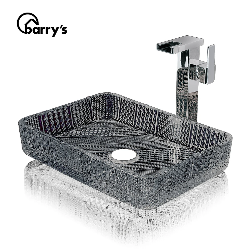 Popular rectangle clear black glass bathroom vanity counter top art sink basin