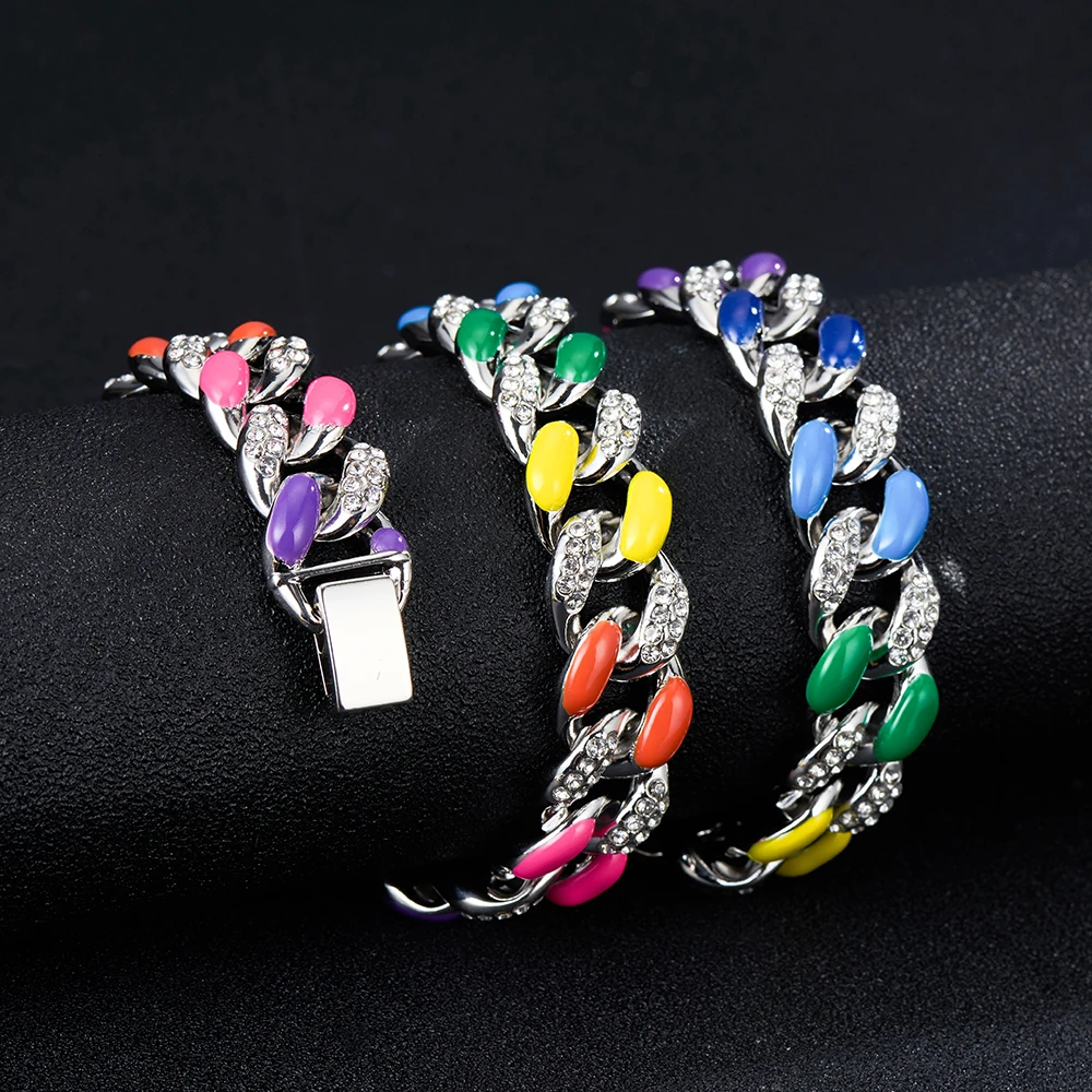 Hip-hop Enamel Rhinestone Colorful Chain Link For Men Miami Punk Pig Nose Cuban Necklace Luxury Crystal Bracelet Jewelry Gift