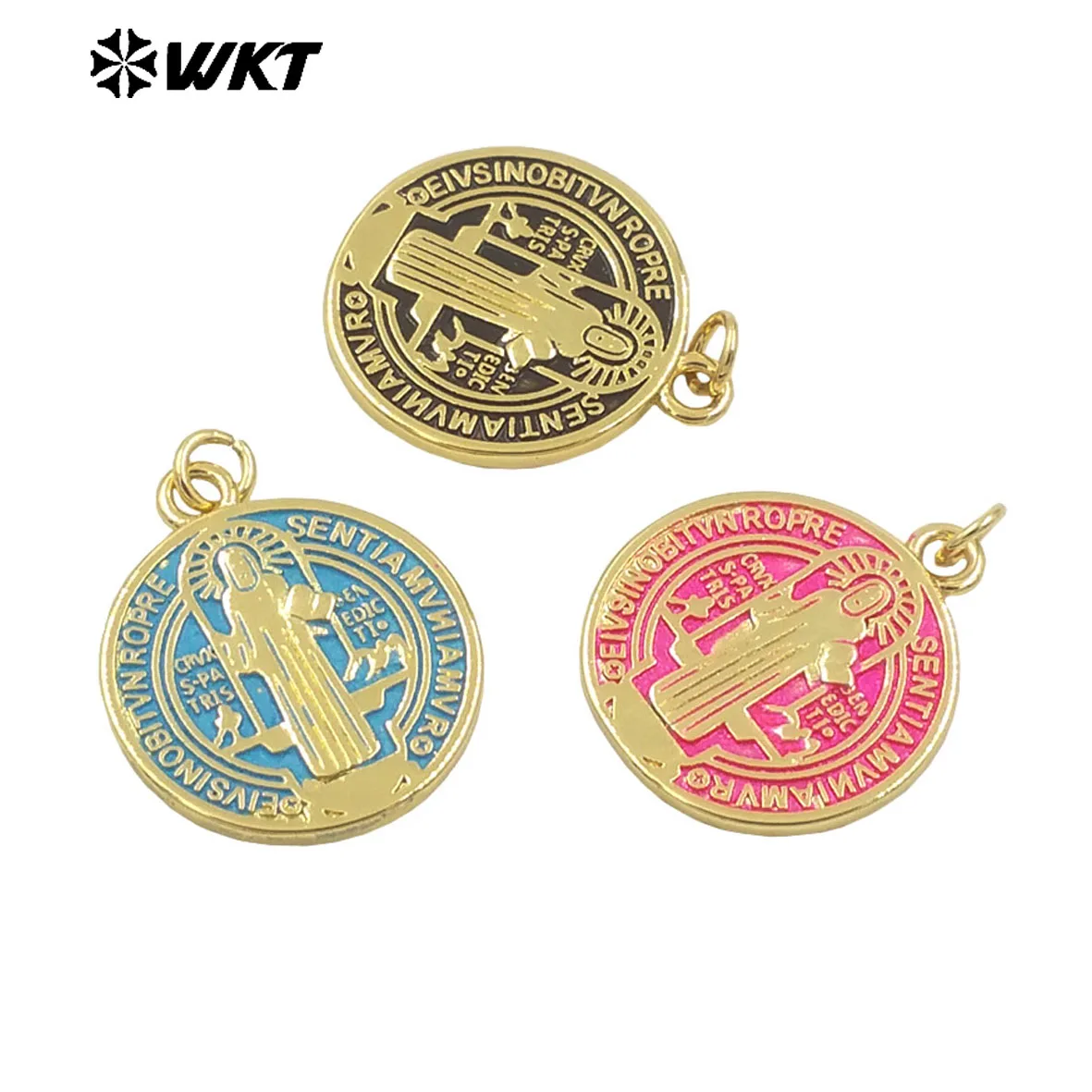 WT-MP294 Unique Spring Design Round 18K Real Gold Plated Brass Medal Christian Religious St Benedict Pendants