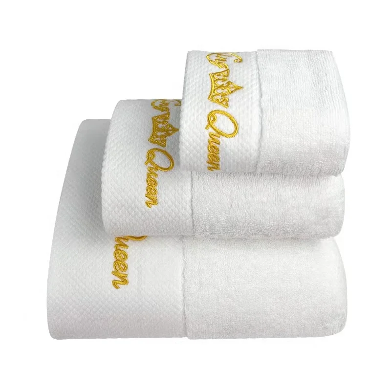 Pure 100 cotton embroidery hotel white absorbent towel bath towel set