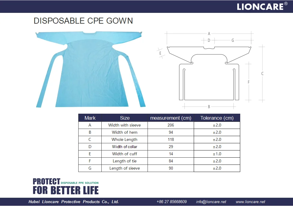 LIONCARE Wholesale  CPE Gown Blue Medical Waterproof Disposable Polyethylene Plastic Hospital Isolation CPE Gown with Thumb Loop