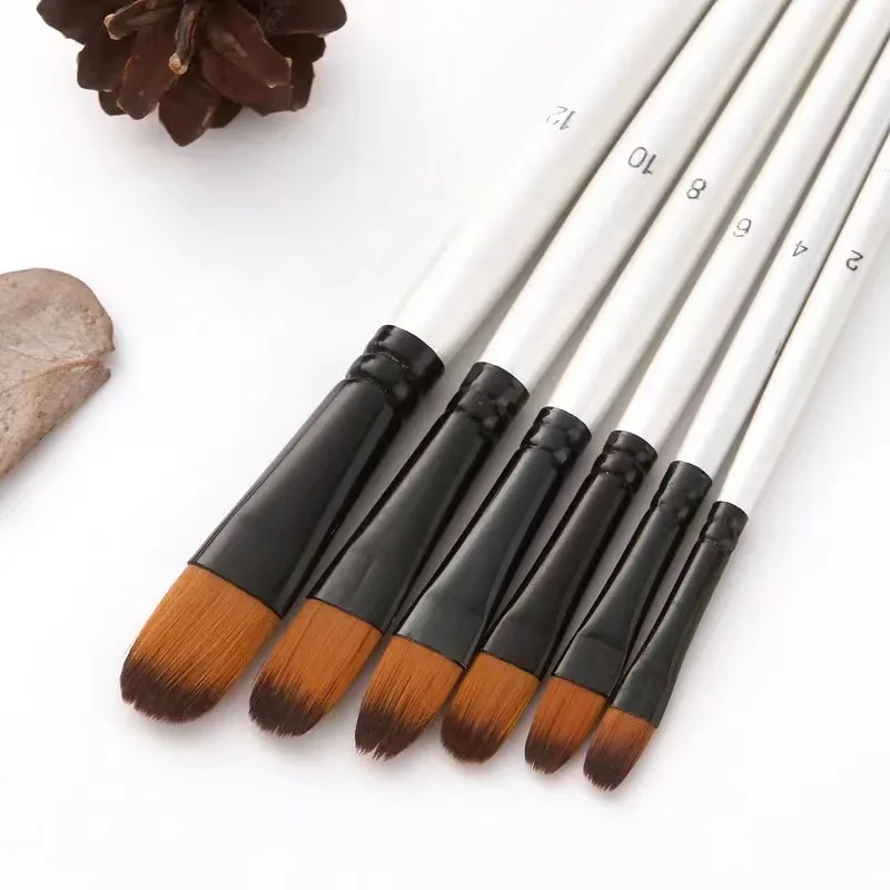 6pcs Pearl White Barrel Nylon Oil Brush Round Flat Hair Shape With Wood Handle Painting Brush Wholesale