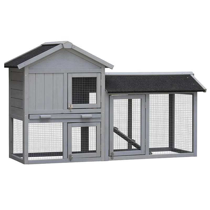 Rabbit Hutch Outdoor 2-Tier Bunny Cage with No Leak Plastic Tray Rabbit House for Rabbits Chicks Easy Assembly Grey