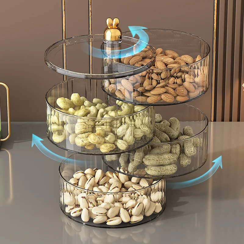 Wholesale Creative 360 Rotate multilayer Plastic Transparent Round Desktop food Storage Box For Candy Dried Fruit Snacks