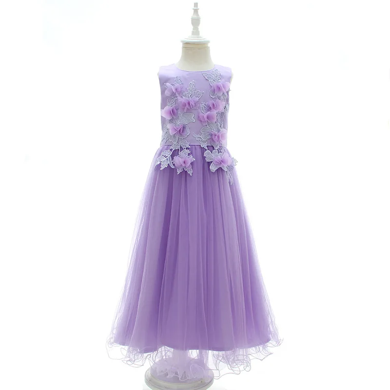 Purple Sleeveless Embroidery Lace Applique Flower Girl Dresses for Wedding
