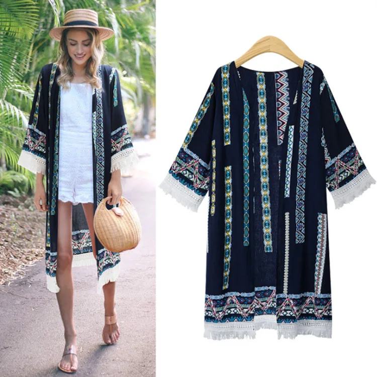 
Hot Sale Wholesale Summer Bohemia Beach Long Cardigan Plus Size Long Sleeve 