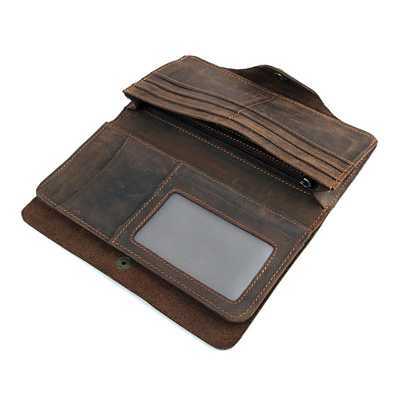 100% Handmade Crazy Horse Leather Long Card Holder Slim Bifold Cow Leather Men Wallet Wholesale