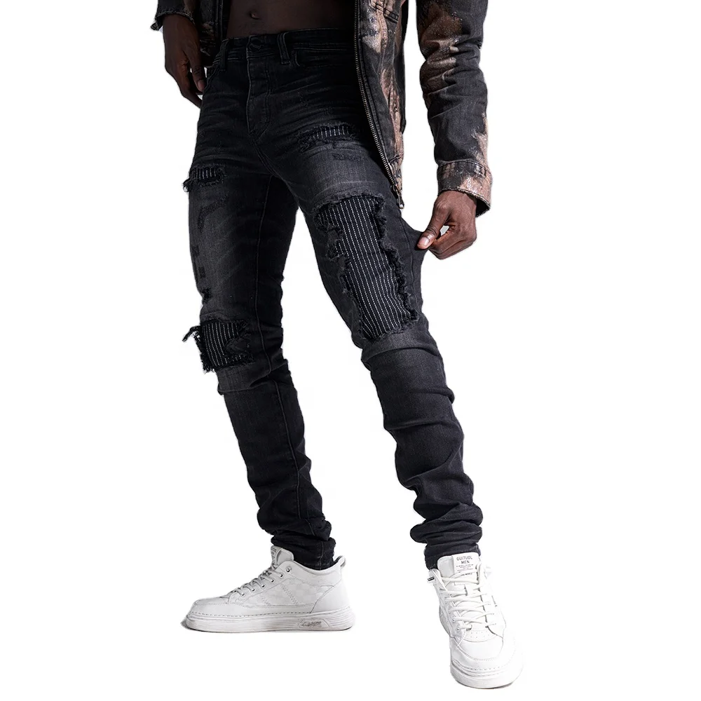 Пользовательские мужские джинсы Slim Fit потертые хлопок брюки